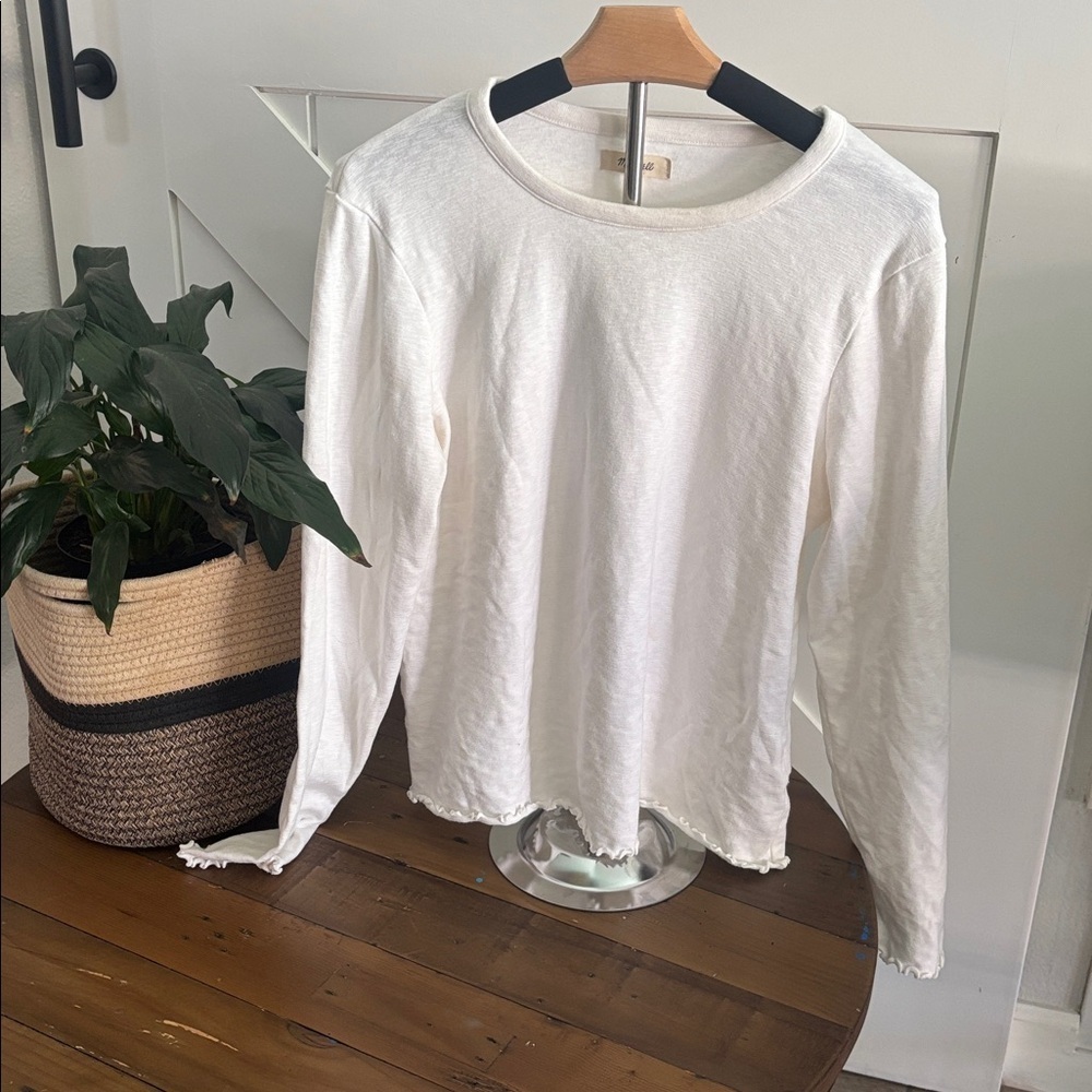 Madewell White Lettuce Edge Long Sleeve Baby Tee XL 90s Y2K Fitted Ribbed Top - Picture 2 of 9